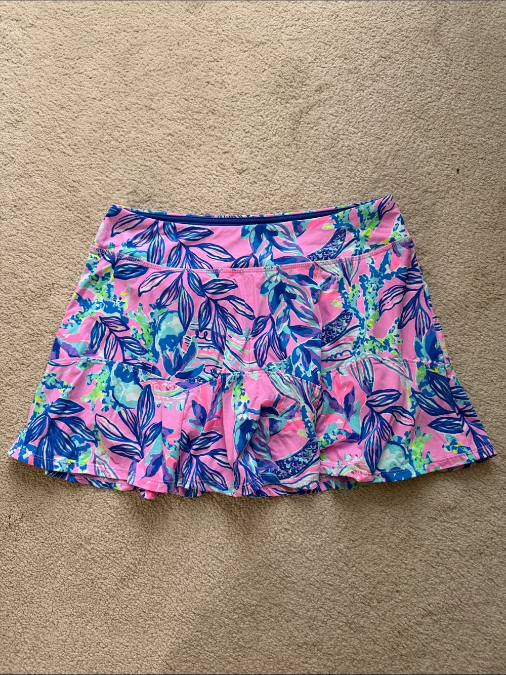 Lilly Pulitzer Pink Floral Ruffle Skort with Blue Leaf Print